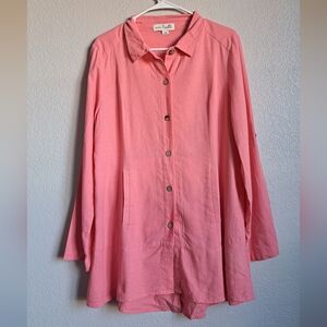Simply Noelle Coral Pink Linen Longsleeve Button Down Tunic Top Size L-XL